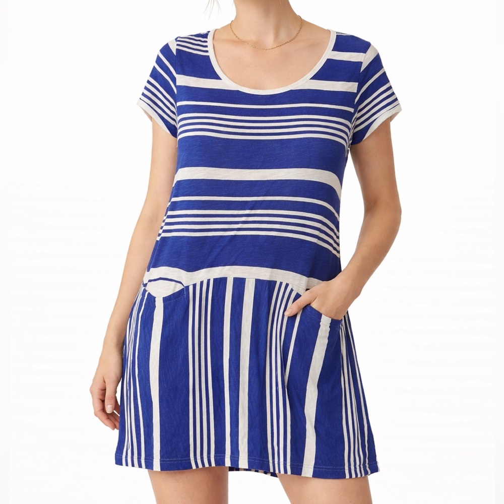 Saturday Sunday Blue White Striped Dress Large Drop Waist Pocket Casual